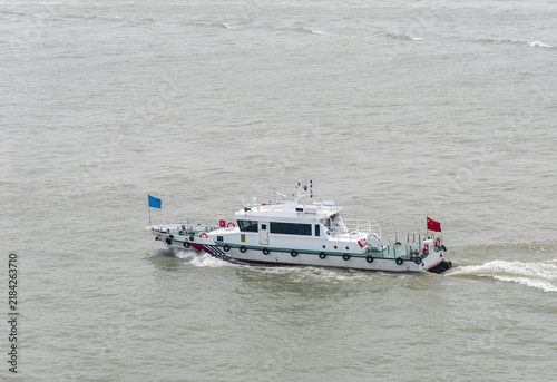 Photography China MSA patrol vessel underway along the coast near Shanghai, monitoring maritime traffic and supporting navigation safety in busy coastal waters