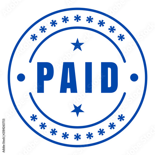 Blue circular seal badge stamp with PAID text two stars outer asterisk ring isolated on transparent background