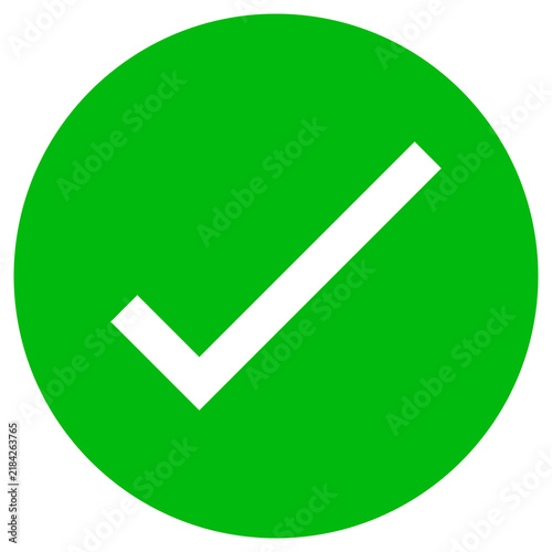 Bright green solid circle with thick white angled check mark, approved-accepted symbol isolated on transparent background