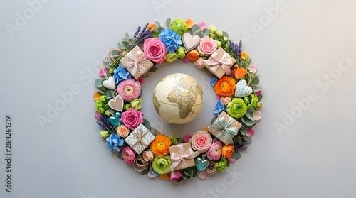 Globe inside a colorful floral wreath with gift boxes