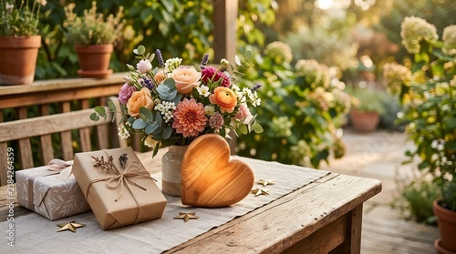 Floral Bouquet with Gifts and Wooden Heart on Garden Table