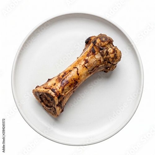 Zeroa Roasted Shank Bone On Matte Ceramic Plate Isolated On White Background Macro Close Up Passover Seder Plate Traditional Food  