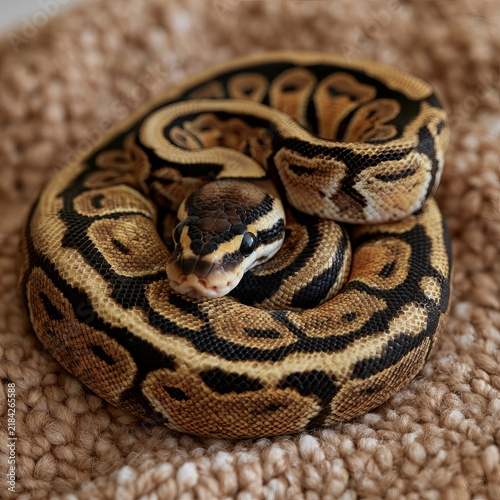 Ball python rests in a curled shape.