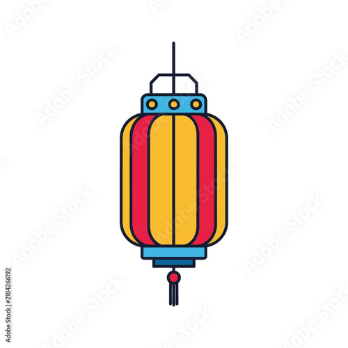Traditional Chinese Lantern Graphic Illustration with Red and Yellow Stripes and a Tassel Hanging Down