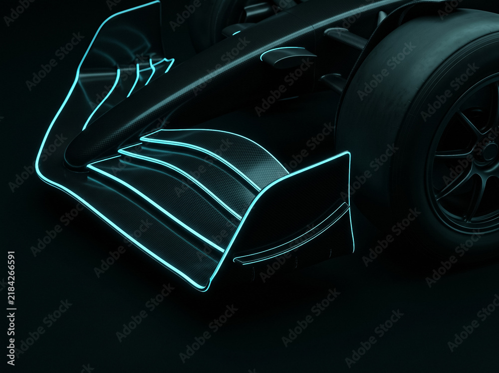 Obraz premium close up of front wing of formula one racing car with neon lighting detailed futuristic motorsport sporty carbon fiber aerodynamics for racing vehicle design