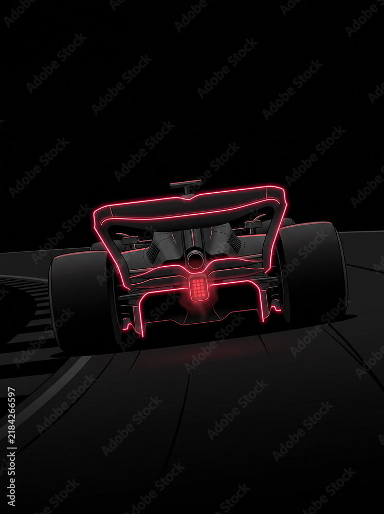 Obraz premium formula one racing car speeding on track with rear neon light futuristic motorsport sporty silhouette on dark road speed dynamics in auto racing sports competition