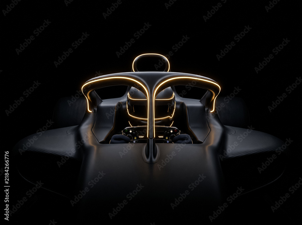 Obraz premium formula one racing car with driver in helmet neon halo lighting on black background futuristic motorsport sporty front view technological auto racing at high speed