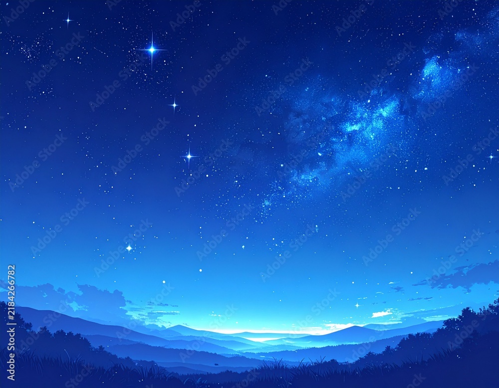 Obraz premium 空 Blue night sky with milky way and stars over mountain silhouette