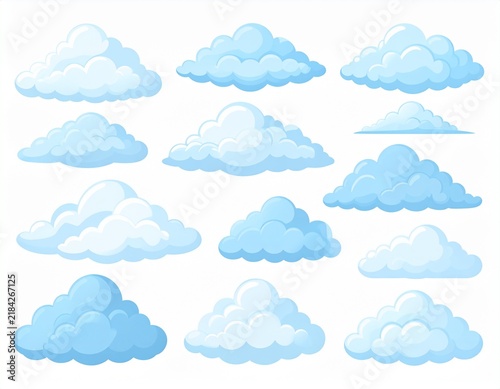 雲　Set of cartoon fluffy blue clouds isolated on white background

