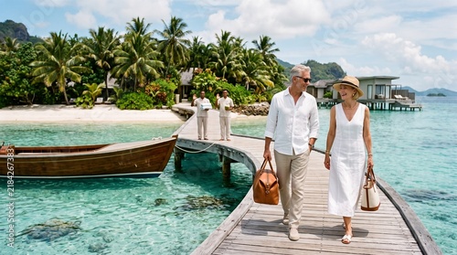 Mature Couple Arriving at a Tropical Island Luxury Resort by Wooden Jetty