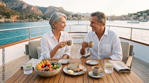 Mature Couple Enjoying Breakfast on a Luxury Yacht During a Mediterranean Vacation