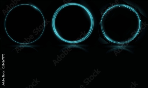 Three glowing circular neon light rings isolated on a black background with soft reflections underneath