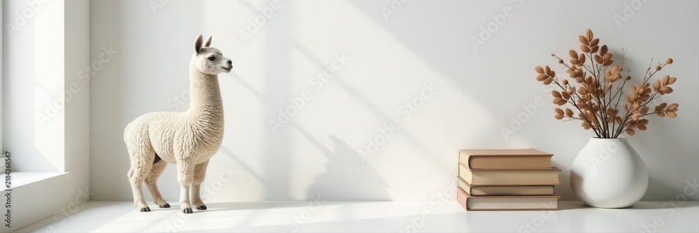 Fototapeta premium White minimalist room, vintage books, llama pot, copy space , white, bright, llama