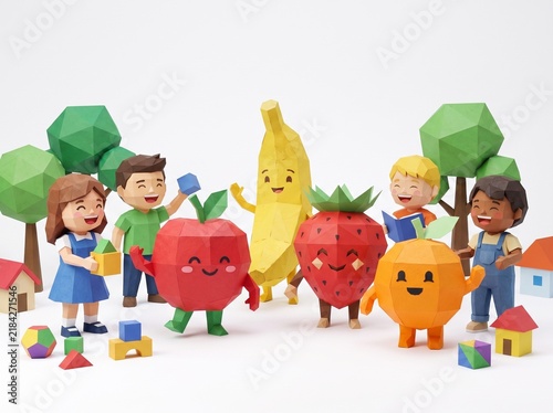 Low poly papercraft children playing with building blocks alongside friendly fruit mascot characters isolated on white background.