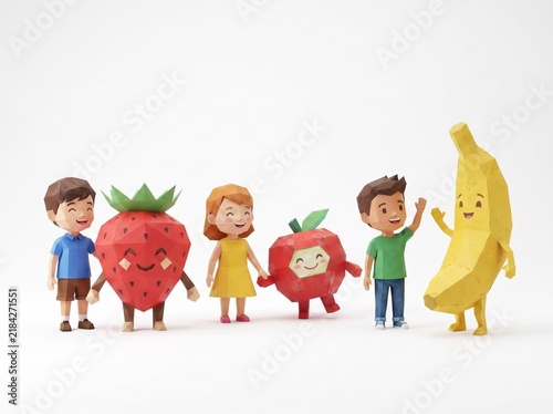 Low poly papercraft children and cute fruit mascots standing together in a row isolated on white background.