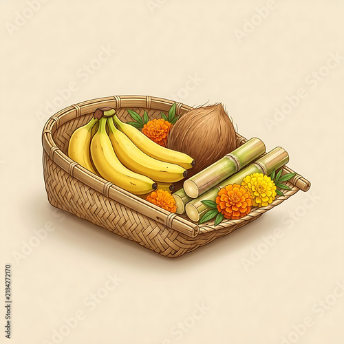 Handcrafted Chhath Puja bamboo soop filled with traditional fruits, coconut, sugarcane and marigold flowers isolated on a clean beige background