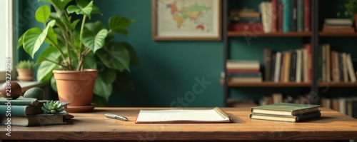 Stylish vintage office interior Avocado plant, succulent, books, wooden accents , plant decor, vintage