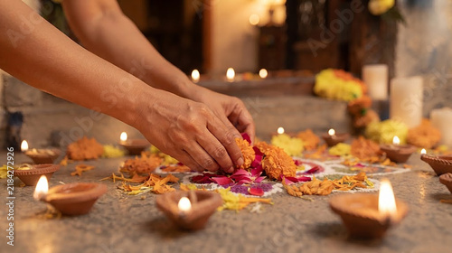 Hands arranging marigold flowers and diyas for traditional Rangoli pattern