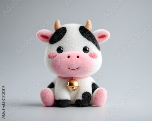 Adorable Plush Cow Toy with Bell on Minimalist Background