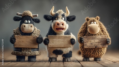 Cute Cartoon Animals Holding Blank Wooden Signs
