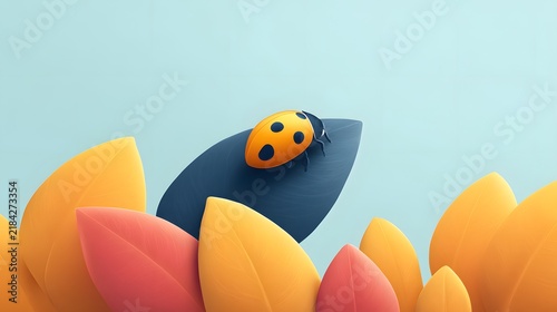 Vibrant Ladybug on Colorful Leaves in Minimalist Style