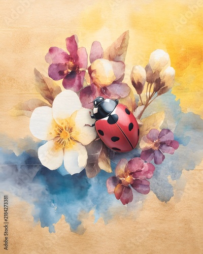 Watercolor Ladybug on Floral Background Art Print