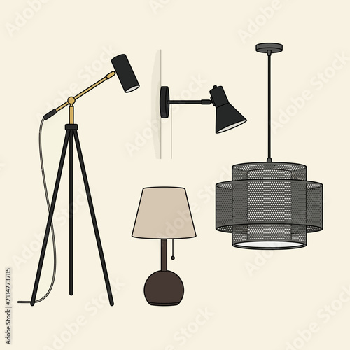 Set of modern minimalist lighting fixtures for interior design illustration