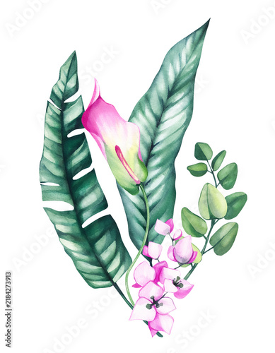 Hand painted tropical watercolor flowers and exotic botanical bouquet with lush green leaves, perfect for wedding stationery, branding, textiles, fabric, packaging, invitations, and home decor