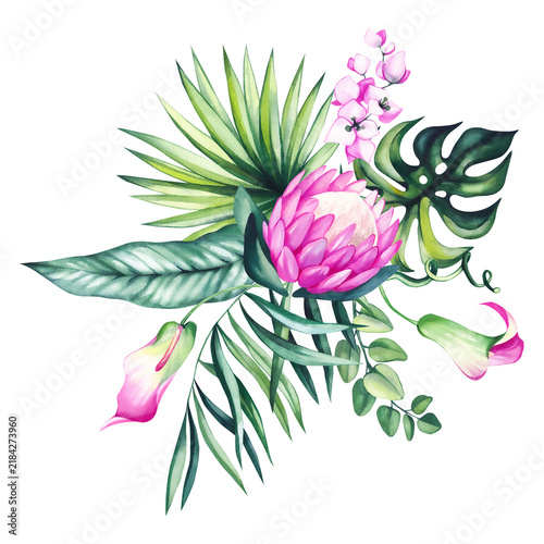 Hand painted tropical watercolor flowers and exotic botanical bouquet with lush green leaves, perfect for wedding stationery, branding, textiles, fabric, packaging, invitations, and home decor