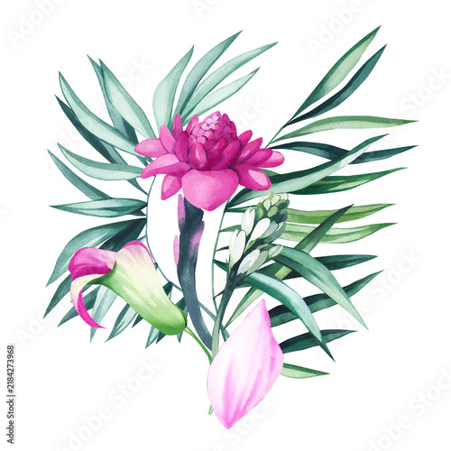 Hand painted tropical watercolor flowers and exotic botanical bouquet with lush green leaves, perfect for wedding stationery, branding, textiles, fabric, packaging, invitations, and home decor
