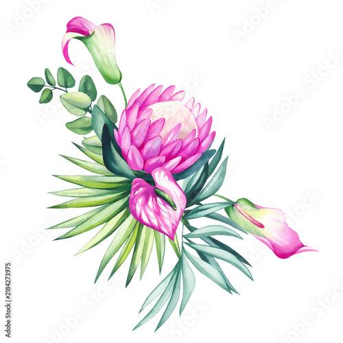 Hand painted tropical watercolor flowers and exotic botanical bouquet with lush green leaves, perfect for wedding stationery, branding, textiles, fabric, packaging, invitations, and home decor