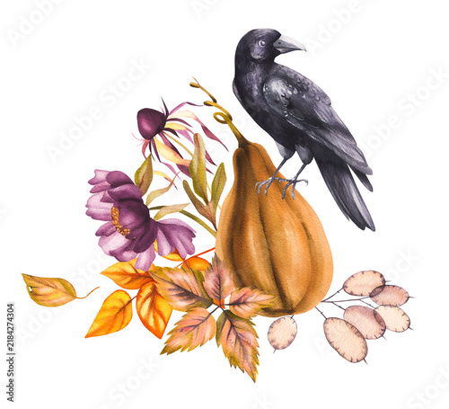 Autumn Halloween bouquet of dried leaves and flowers with pumpkins. Autumn raven still life for seasonal design, tableware, textiles, clothing, and printing.