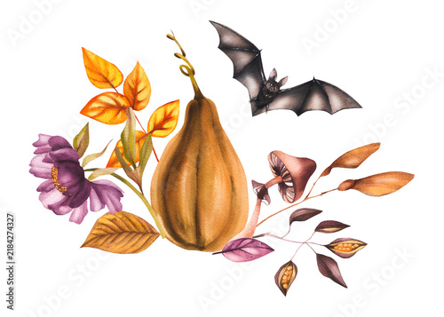 Autumn Halloween bouquet of dried leaves and flowers with pumpkins. Autumn bat still life for seasonal design, tableware, textiles, clothing, and printing.