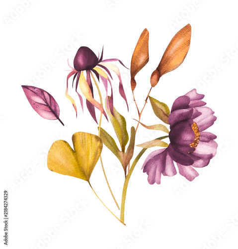 Autumn Halloween bouquet of dried leaves and flowers. Autumn bouquet for seasonal design, tableware, textiles, clothing, and printing.