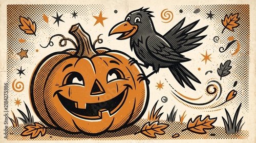 Halloween Jack O Lantern with Crow Illustration Vintage Style