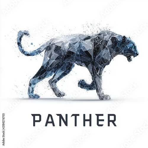 Panther walks through a digital landscape made of geometric shapes at a technology exhibition