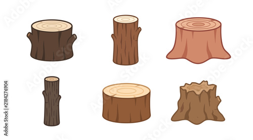 Detailed collection of brown tree stumps and wooden logs depicted in a flat vector graphic style