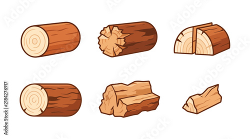 Brown wooden logs and cut timber pieces isolated on white background as creative vector illustration design