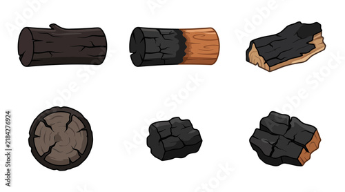 Burnt wooden logs and charcoal pieces displayed as a flat vector graphic design element collection set