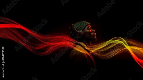 Man dark-skinned gen-z listening to music with headphones in a dark setting with colorful sound waves flowing around him