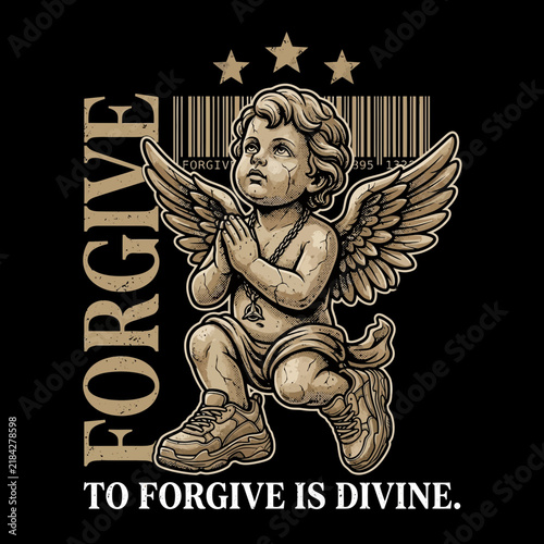 Vintage Streetwear Illustration of Praying Angel with Wings and Sneakers