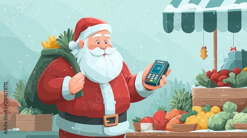 Santa checks his mobile payment device while shopping at a winter market filled with fresh produce and holiday decorations