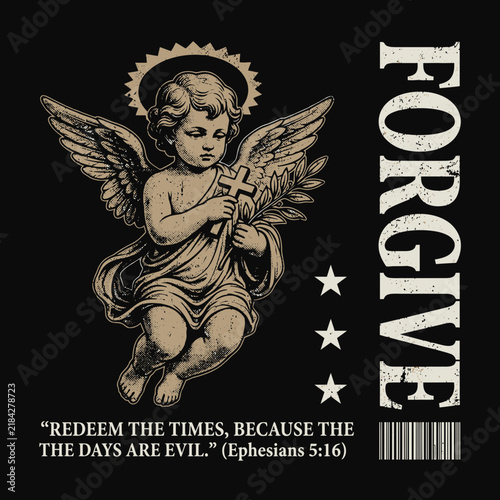Vintage Cherub Illustration with Cross and Forgive Typography Streetwear Style