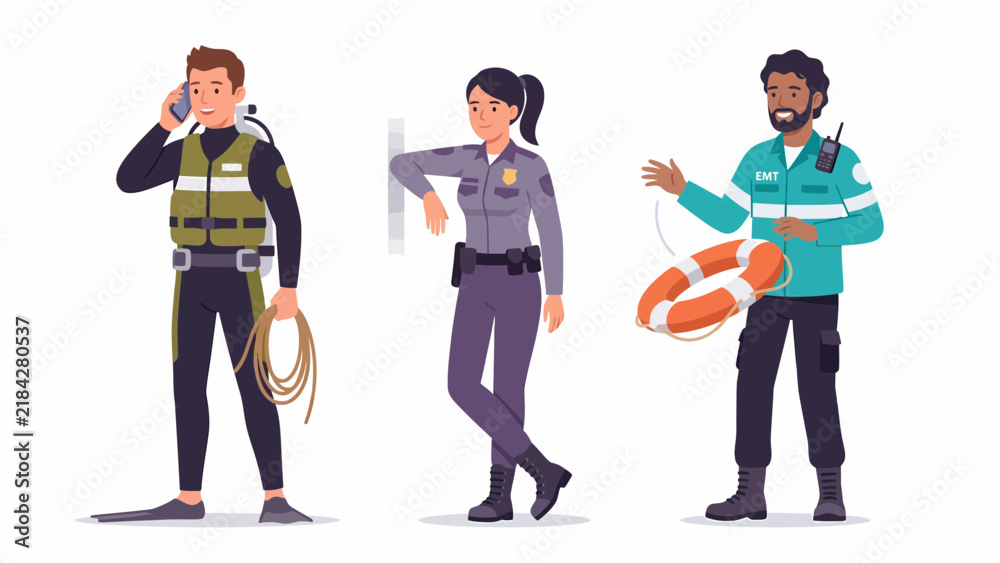 Obraz premium Diverse group of emergency service professionals including a diver, police officer, and lifeguard.