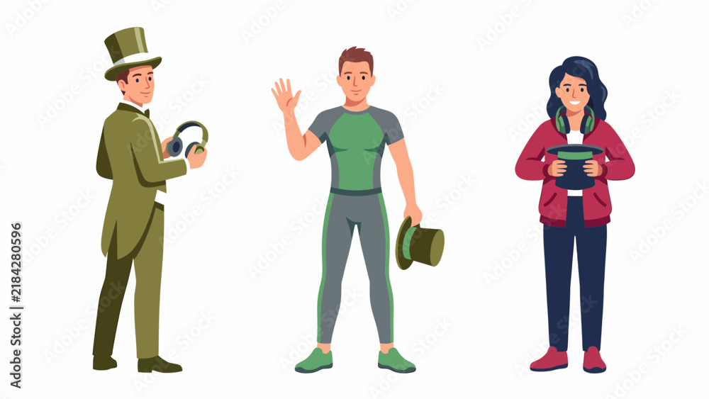 Obraz premium Three diverse people standing and holding hats, representing different styles and professions.