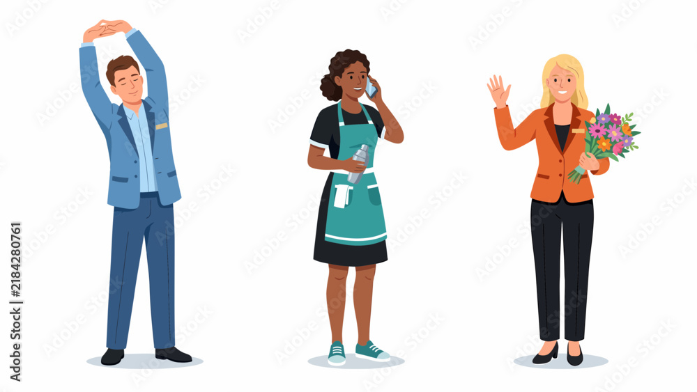 Fototapeta premium Three diverse people in casual business attire, one stretching, one on the phone, and one holding flowers.