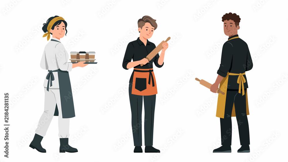 Obraz premium Three diverse chefs in uniform holding baking tools and ingredients, ready to prepare food in a professional kitchen setting.