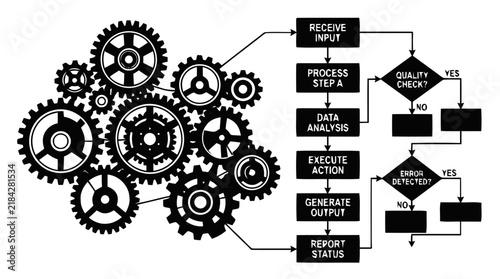 Vector illustration of complex gear system with integrated operational flowchart on a transparent background