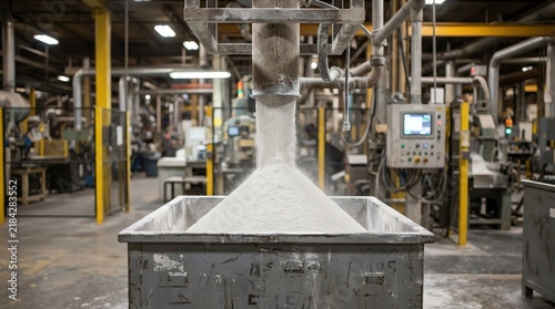 Industrial processing equipment dispensing raw granular material into a large metallic hopper within a factory manufacturing facility