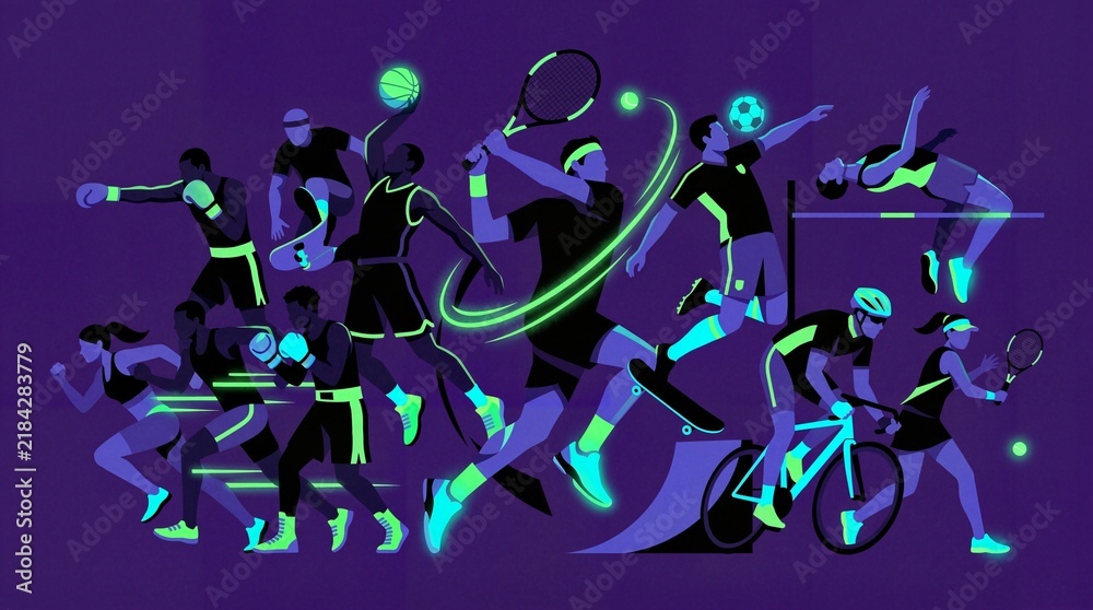 Fototapeta premium A group of people playing sports on a purple background.